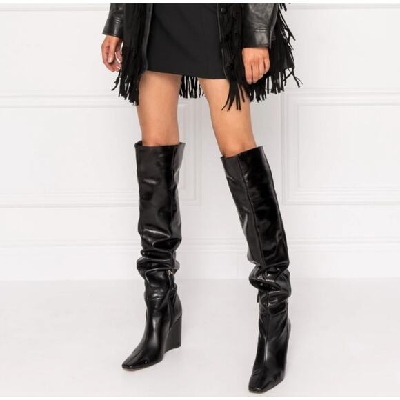 NWT Zara Over The Knee Leather Wedge Boots Size 37 - Picture 1 of 7